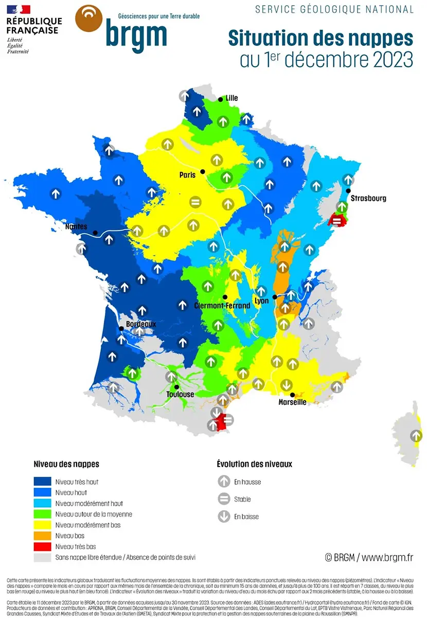 Carte du service géologique national français sur la situation des nappes phréatiques au 1er décembre 2023